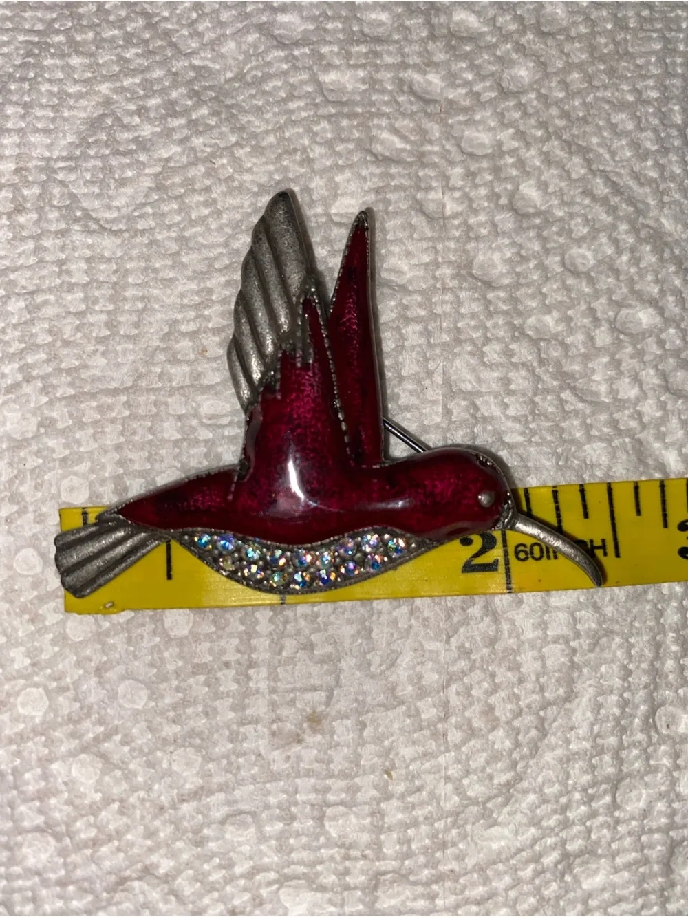 Vintage burgundy enamel, hummingbird. AB Rhinestone Silvertone pin.